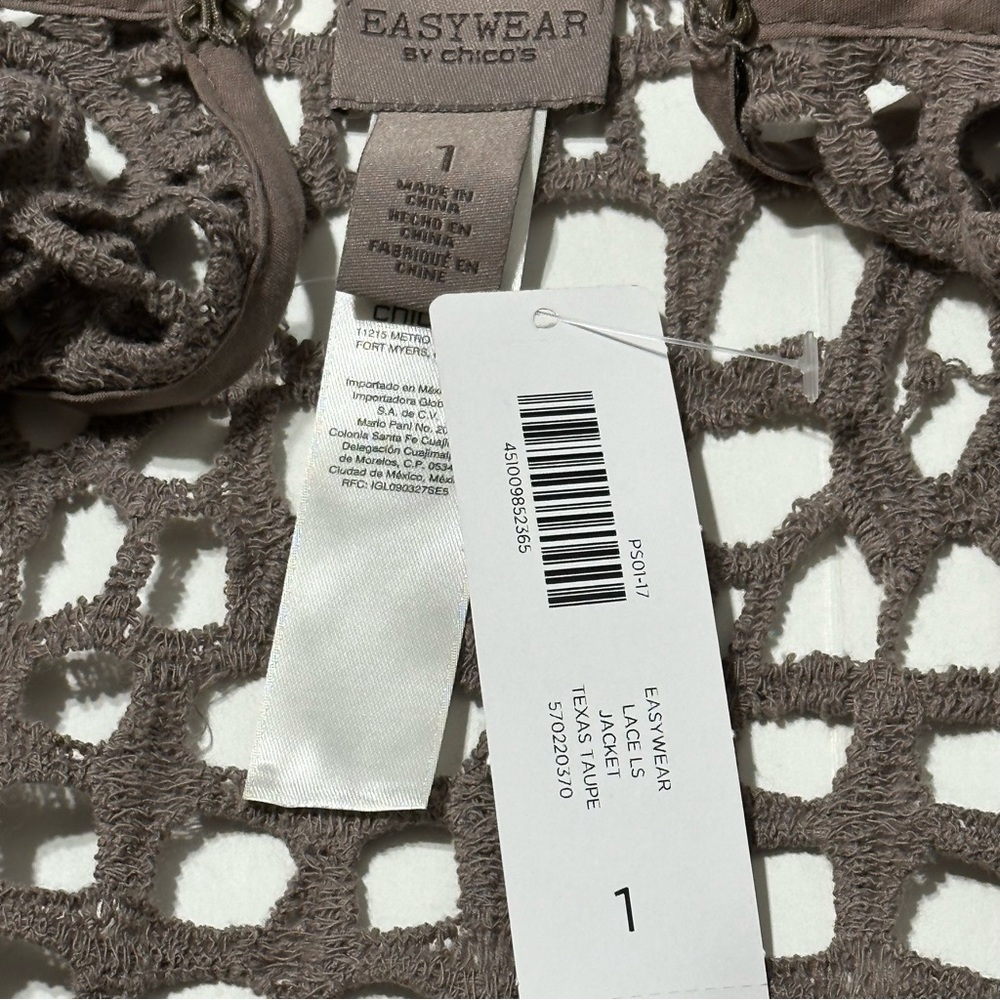 Chico’s Easywear Crochet Lace Long Sleeve Texas Taupe Cotton Cardigan Jacket NWT - Picture 9 of 16